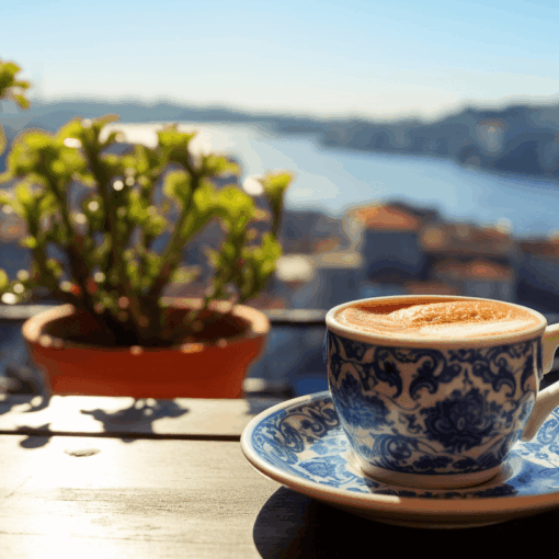 Coffee with river in Porto in the background.