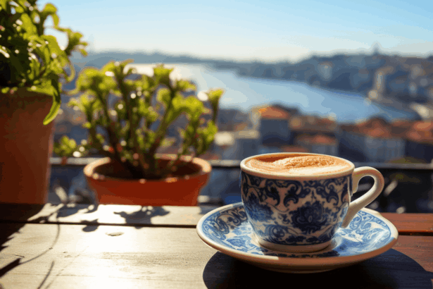 Coffee with river in Porto in the background.