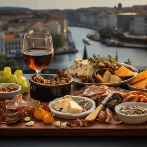 Portuguese food platter with porto in the background.
