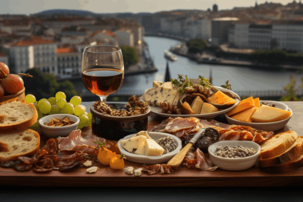 Portuguese food platter with porto in the background.