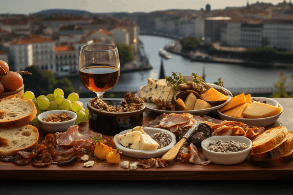Portuguese food platter with porto in the background.