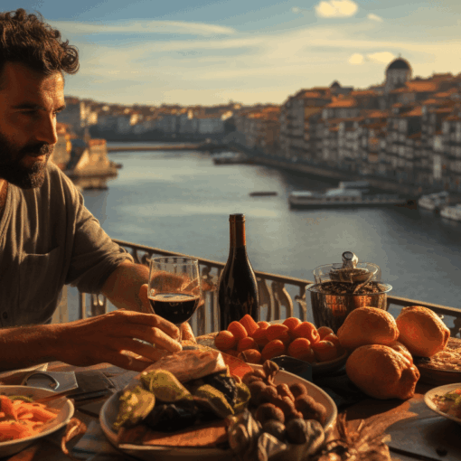 Guy eating lots of food looking over river in Porto.