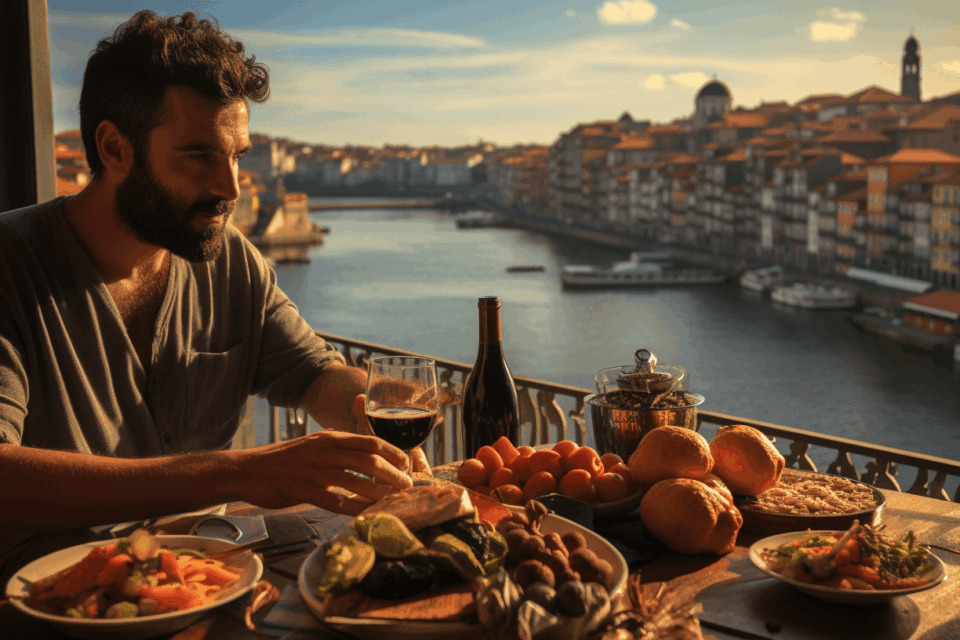Guy eating lots of food looking over river in Porto.