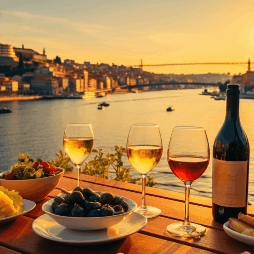 Italian food and vine with Porto in background.