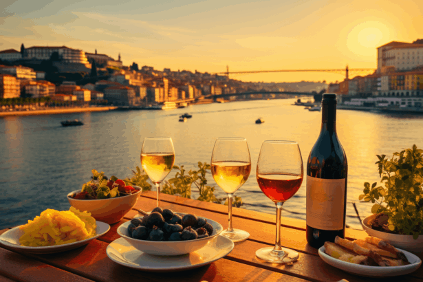 Italian food and vine with Porto in background.