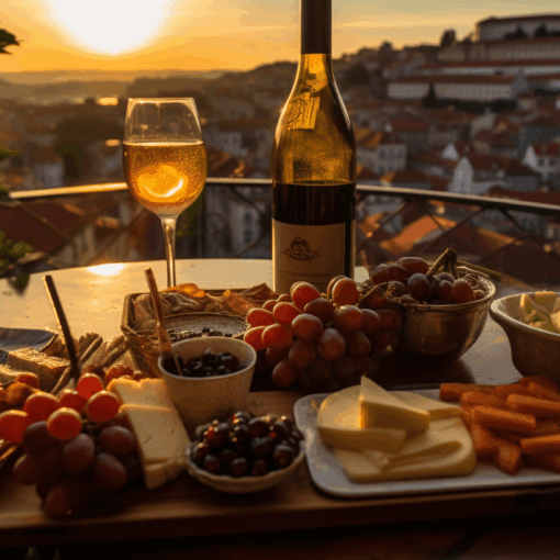 Food and wine at a restaurant in Porto.