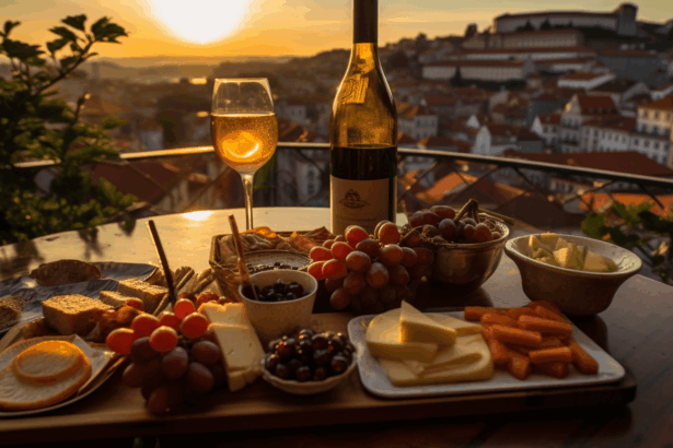 Food and wine at a restaurant in Porto.