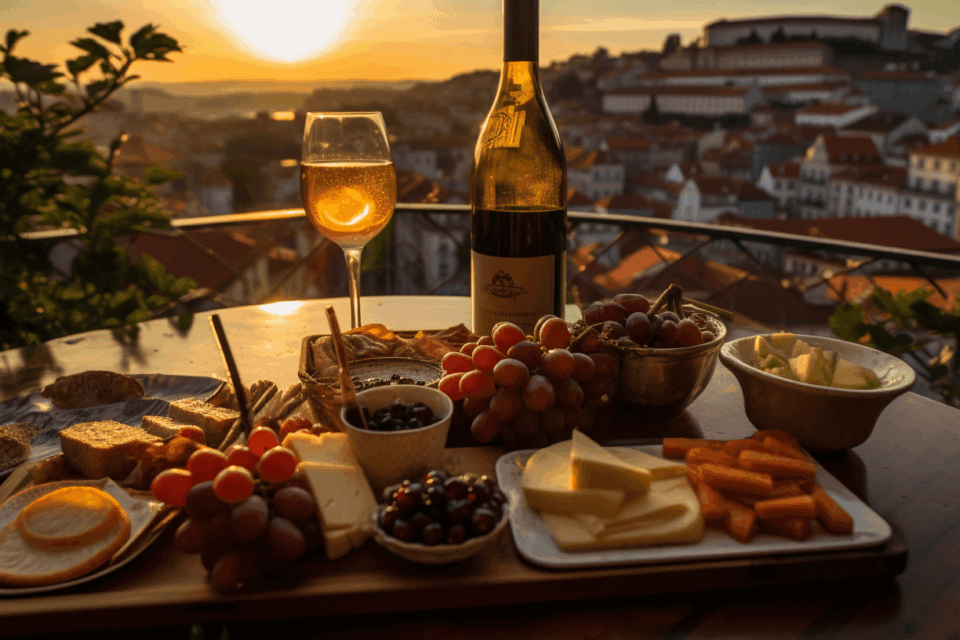 Food and wine at a restaurant in Porto.