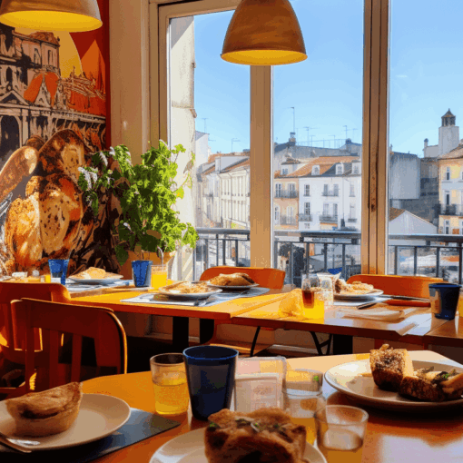 Food on tables in a restaurant.