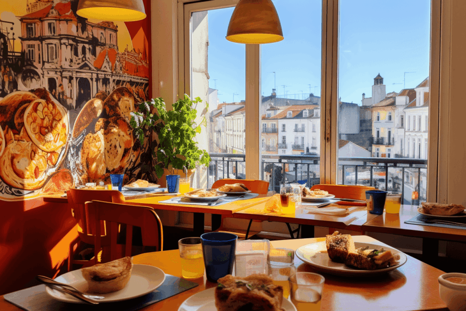 Food on tables in a restaurant.
