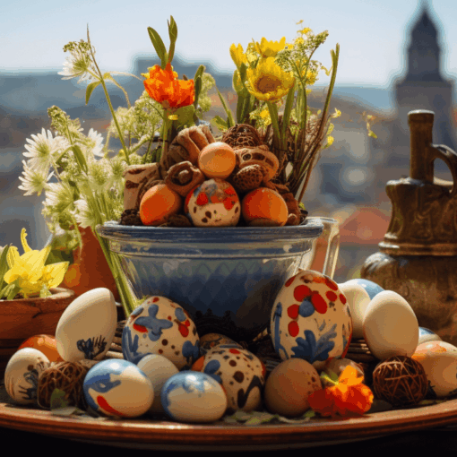 Big platter of easter goodies, mainly eggs.