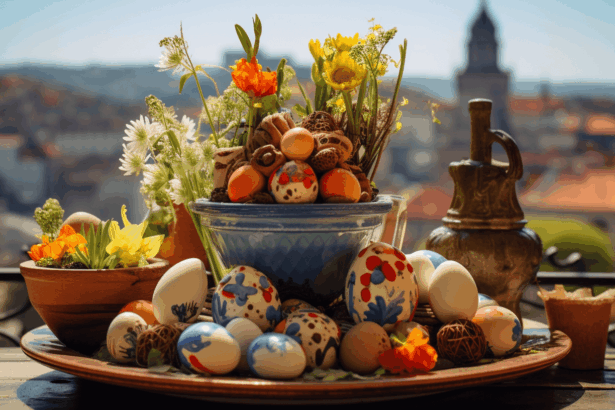 Big platter of easter goodies, mainly eggs.