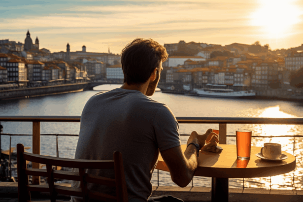 Solo Diner at restaurant in Porto looking over the water.