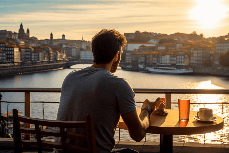 Solo Diner at restaurant in Porto looking over the water.