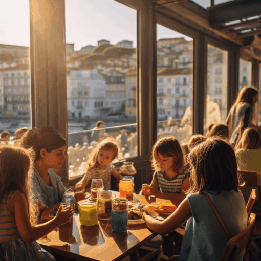 Family sitting by a table in a restaurant in Porto.