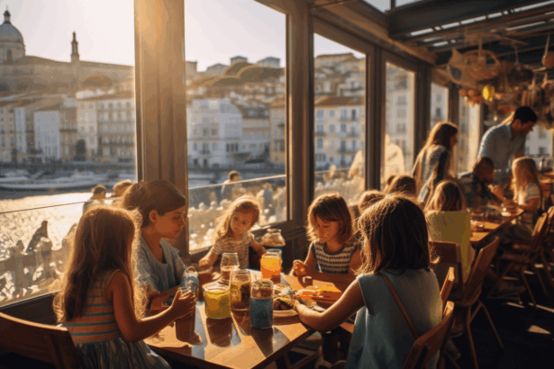 Family sitting by a table in a restaurant in Porto.