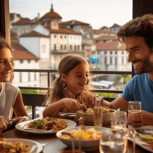 A family with kids eating in a restaurant in Porto.