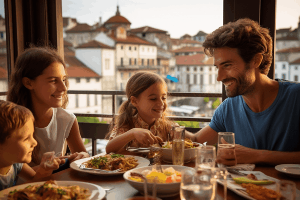A family with kids eating in a restaurant in Porto.