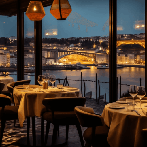 Luxury restaurant with douro river in Porto in the background view from the restaurant.