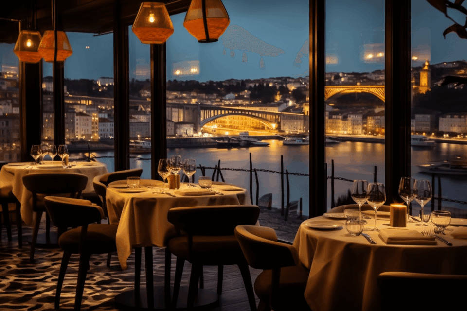 Luxury restaurant with douro river in Porto in the background view from the restaurant.
