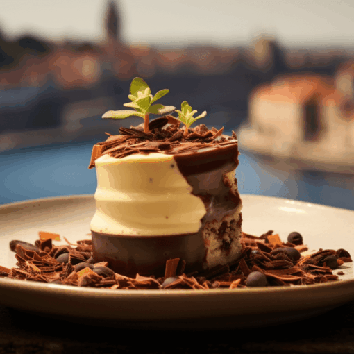 Exquisite Dessert with Douro river in Porto in the background.