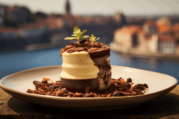 Exquisite Dessert with Douro river in Porto in the background.