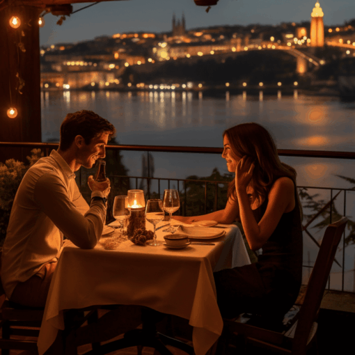 Romantic dinner at evening by the river in Porto.