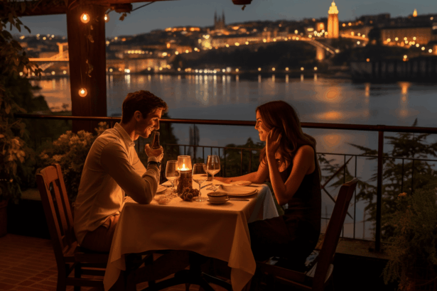 Romantic dinner at evening by the river in Porto.
