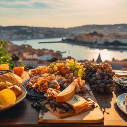 A bunch of various food in Porto during the summer.