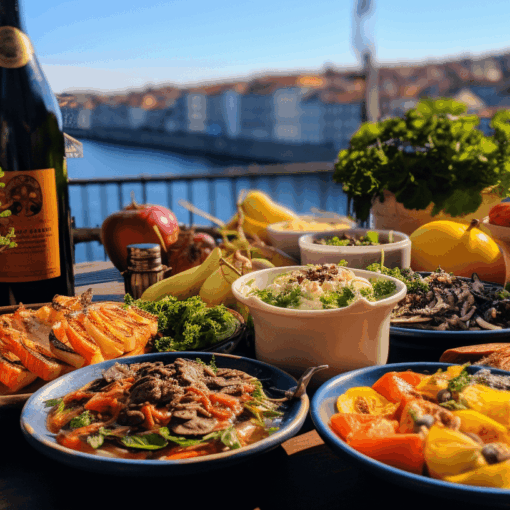 Loads of food in Porto with river in background.