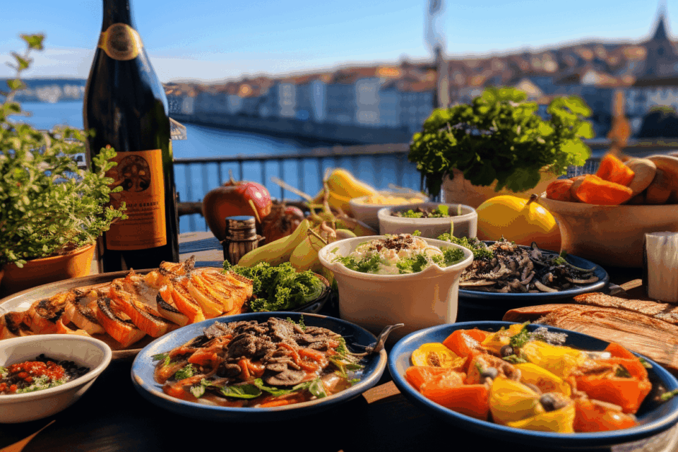 Loads of food in Porto with river in background.