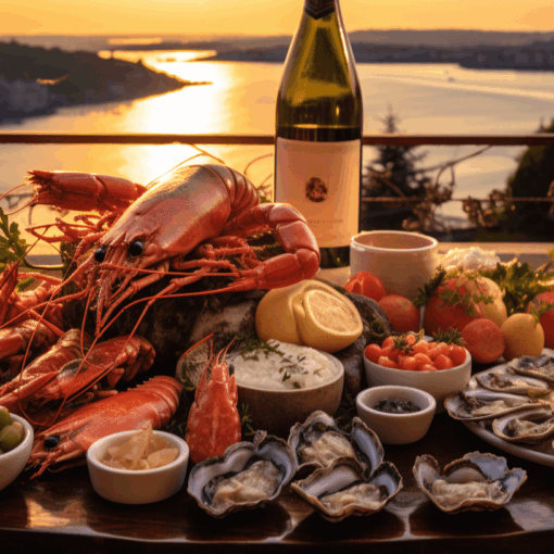 Sea food platter in POrto with wine, oysters, lobster, crab, etc