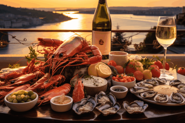 Sea food platter in POrto with wine, oysters, lobster, crab, etc