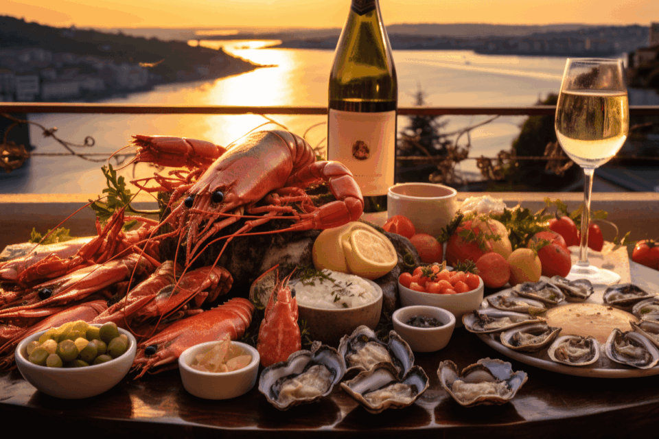 Sea food platter in POrto with wine, oysters, lobster, crab, etc