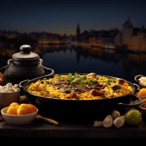 Lots of food with Porto in the background.