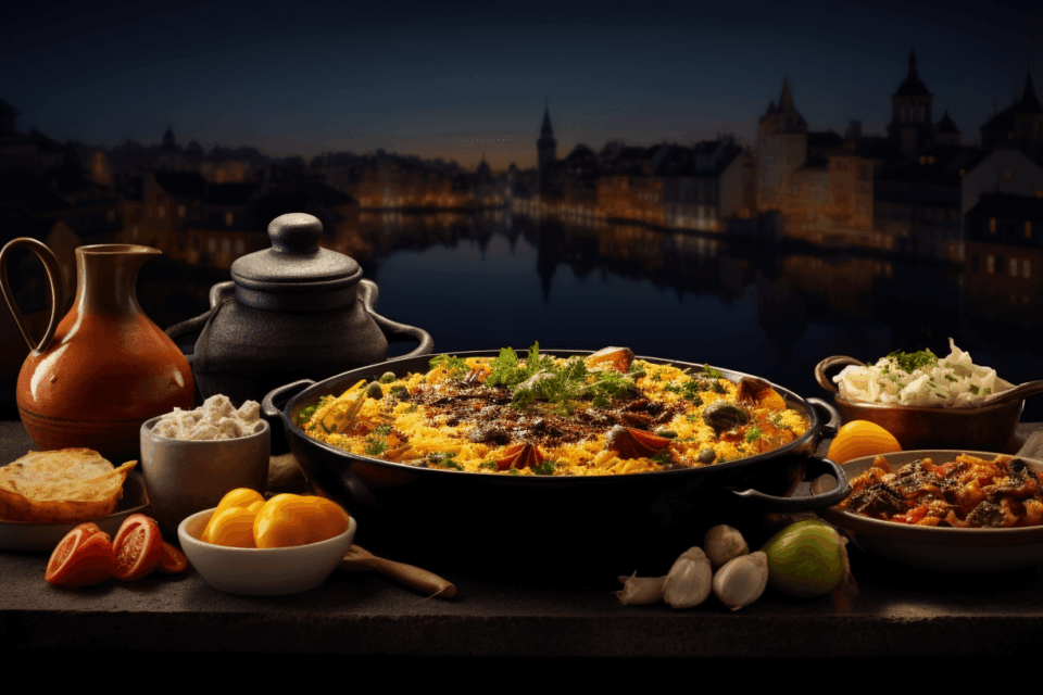 Lots of food with Porto in the background.