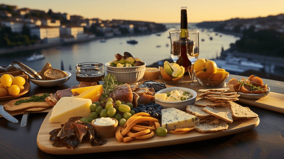 Portuguese home-style dishes and regional ingredients on a table in Porto