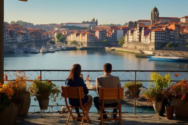 Local street scene in Porto with cafes and people spending time outside