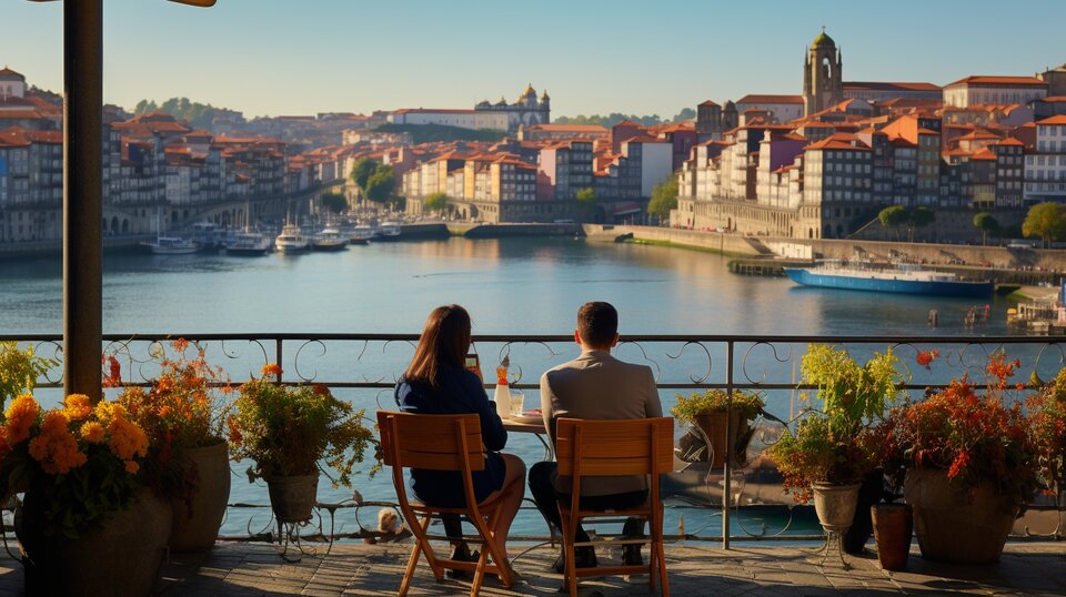 Local street scene in Porto with cafes and people spending time outside