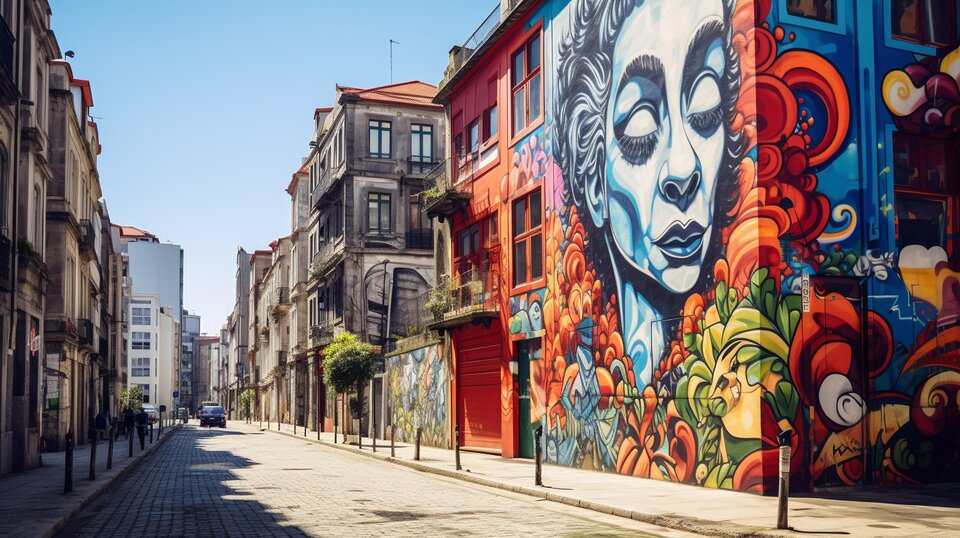 Street art mural in Porto on an urban walking route