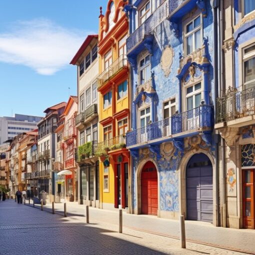 Baixa in central Porto with downtown streets and historic buildings