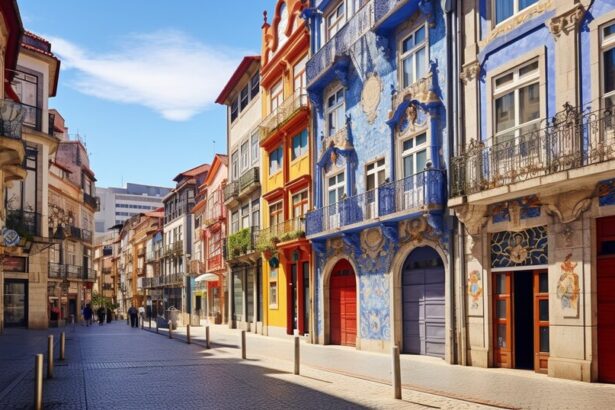 Baixa in central Porto with downtown streets and historic buildings