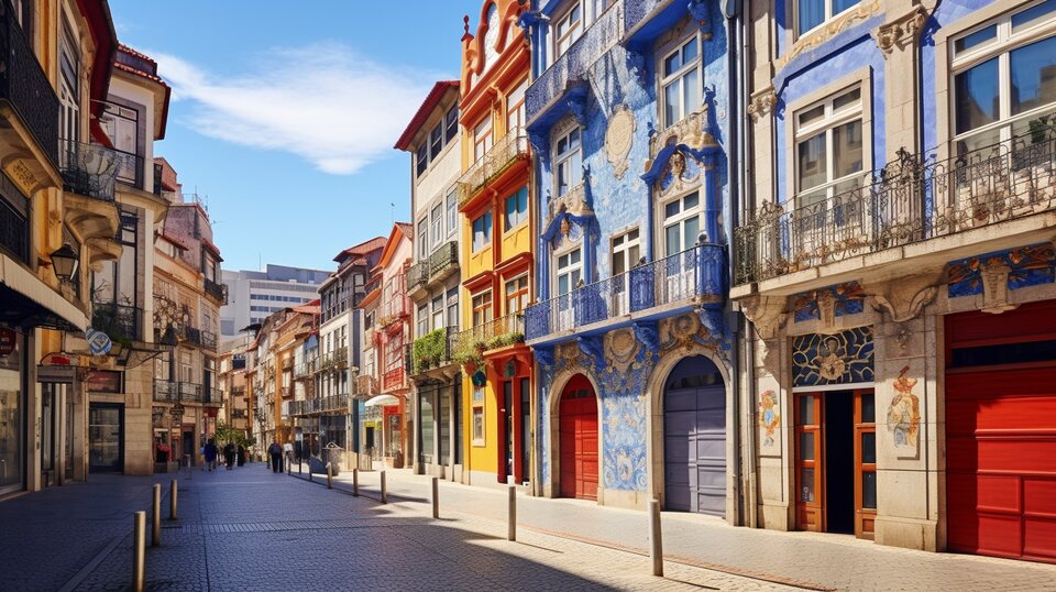 Baixa in central Porto with downtown streets and historic buildings