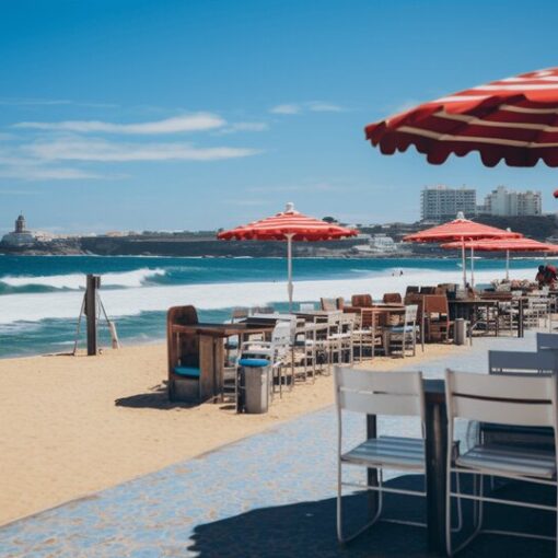 Matosinhos beach near Porto with sand, sea and beachside restaurants nearby