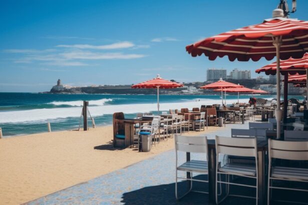 Matosinhos beach near Porto with sand, sea and beachside restaurants nearby