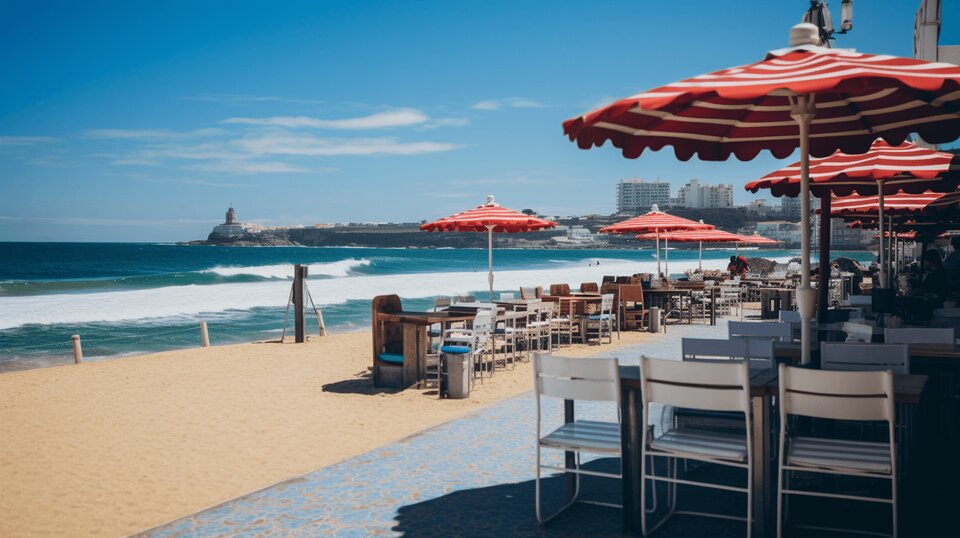 Matosinhos beach near Porto with sand, sea and beachside restaurants nearby