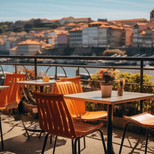 Brunch table in Porto with coffee eggs bread fruit and pastries