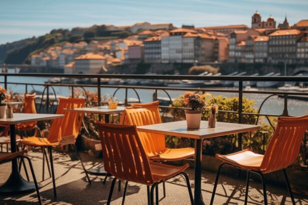 Brunch table in Porto with coffee eggs bread fruit and pastries