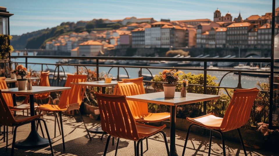Brunch table in Porto with coffee eggs bread fruit and pastries
