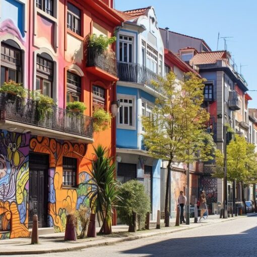 Street scene in Cedofeita Porto with shops cafes and local buildings